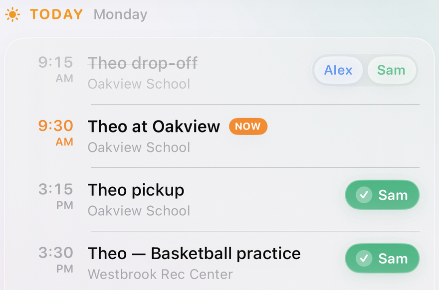 Theo's day: 9:15 AM drop-off offering Alex or Sam, 9:30 AM at Oakview marked Now, 3:15 PM pickup already assigned to Sam, 3:30 PM basketball practice also Sam.