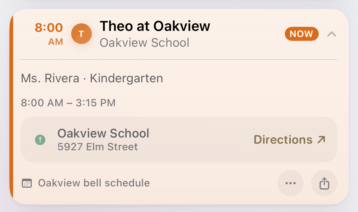 The opened Theo at Oakview card: Ms. Rivera, Kindergarten, 8:00 AM to 3:15 PM, Directions to Oakview School at 5927 Elm Street, and the source line Oakview bell schedule.