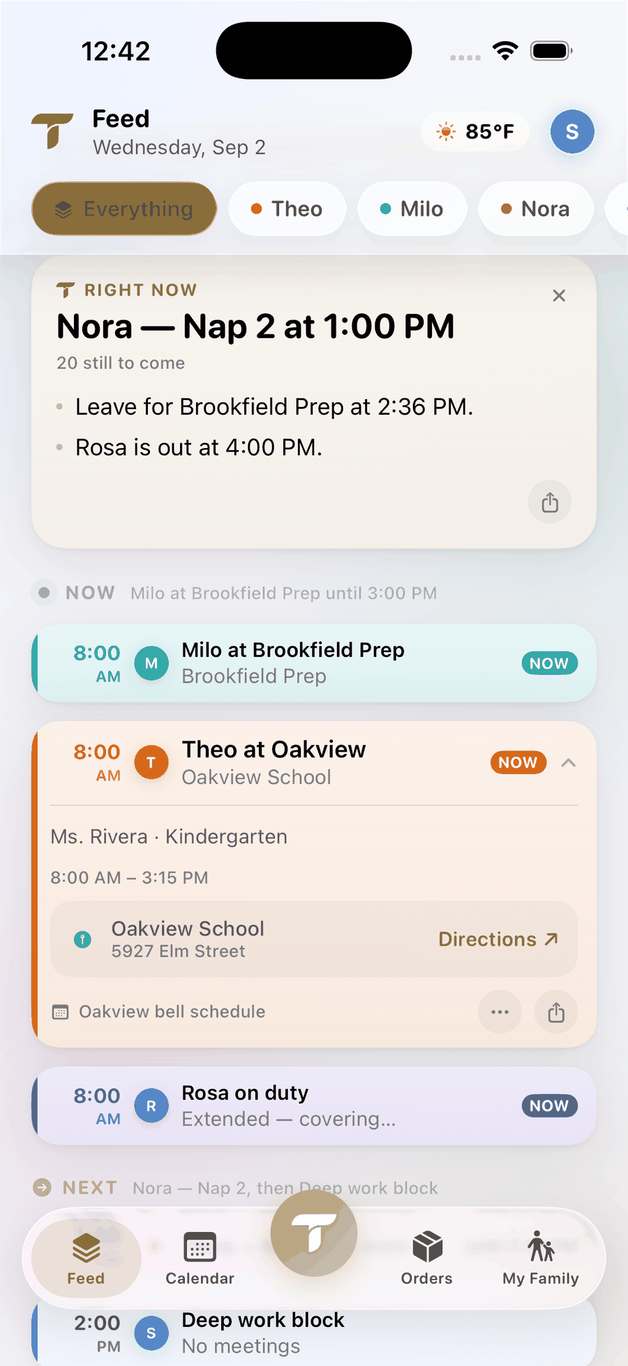 The feed with the Theo at Oakview card opened: Ms. Rivera, Kindergarten, 8:00 AM to 3:15 PM, Oakview School at 5927 Elm Street with a Directions button, and the source line Oakview bell schedule.