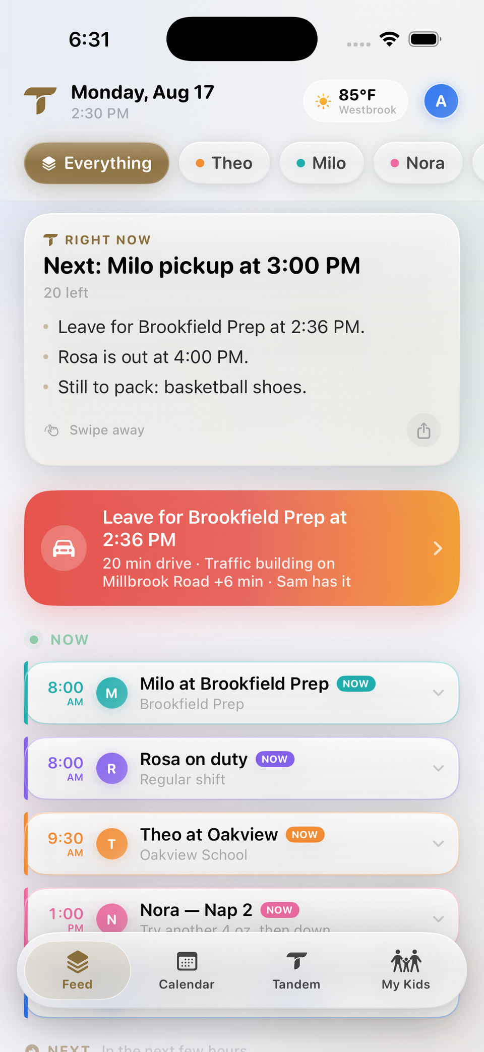 The Tandem feed: Right Now, a leave-time alert, and today's events